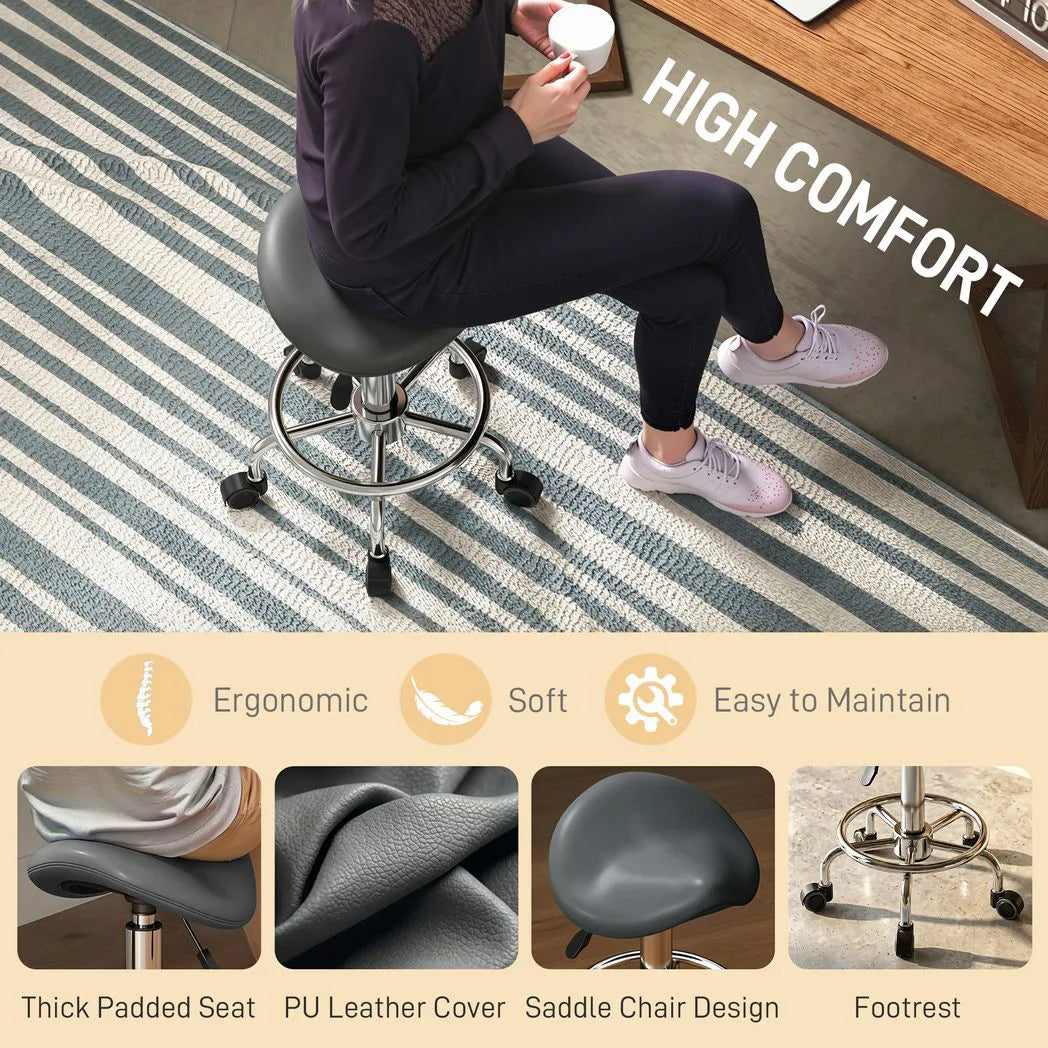HOMCOM Salon Saddle Stool with Adjustable Height & Swivel Wheels – Massage, Spa & Beauty Chair, Grey