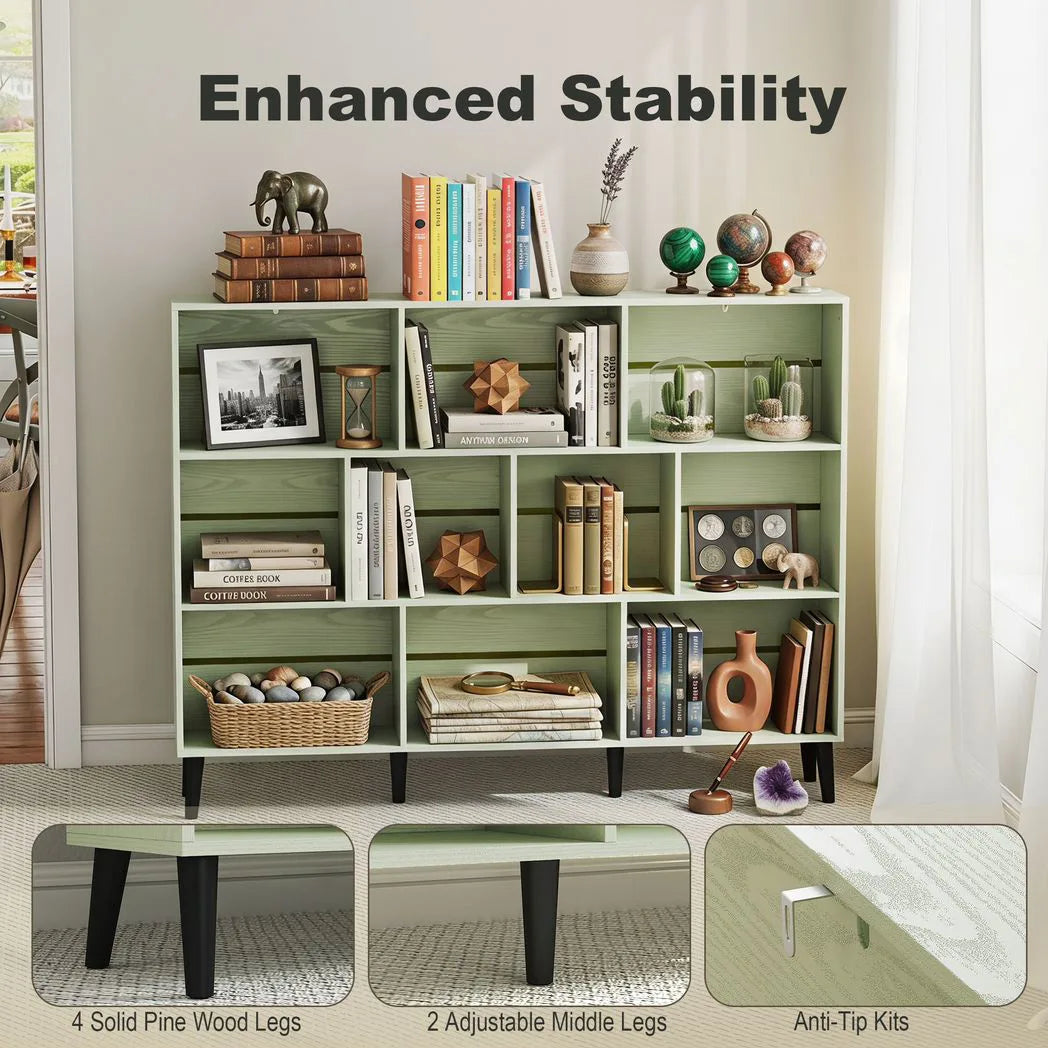HOMCOM 10-Cube Bookcase with Solid Pine Legs & Anti-Tip Kit – 140 cm Nordic Bookshelf, Light Green