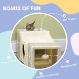 PawHut Plush Cat Tunnel with Two Caves and Hanging Ball – Large Sisal Play Tunnel for Cats, Cream White