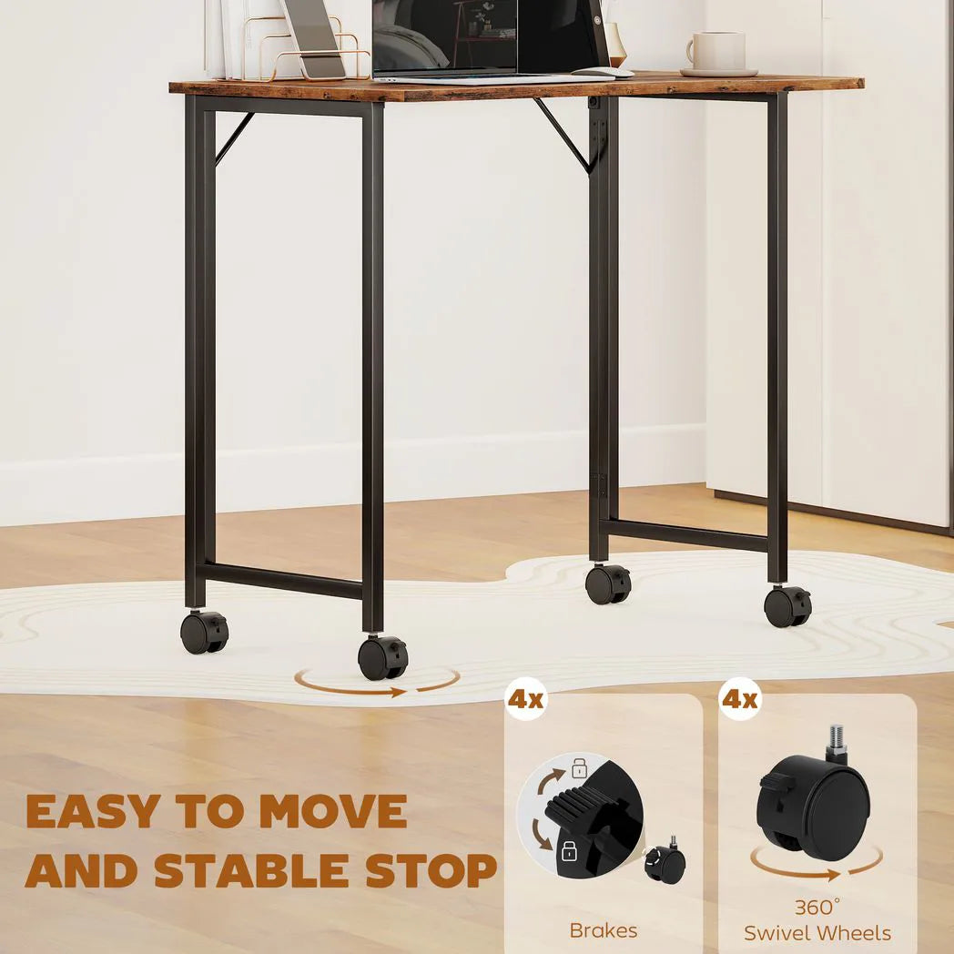 HOMCOM Folding Small Desk on Wheels – Space-Saving Computer Desk with Phone Slot, Rustic Brown