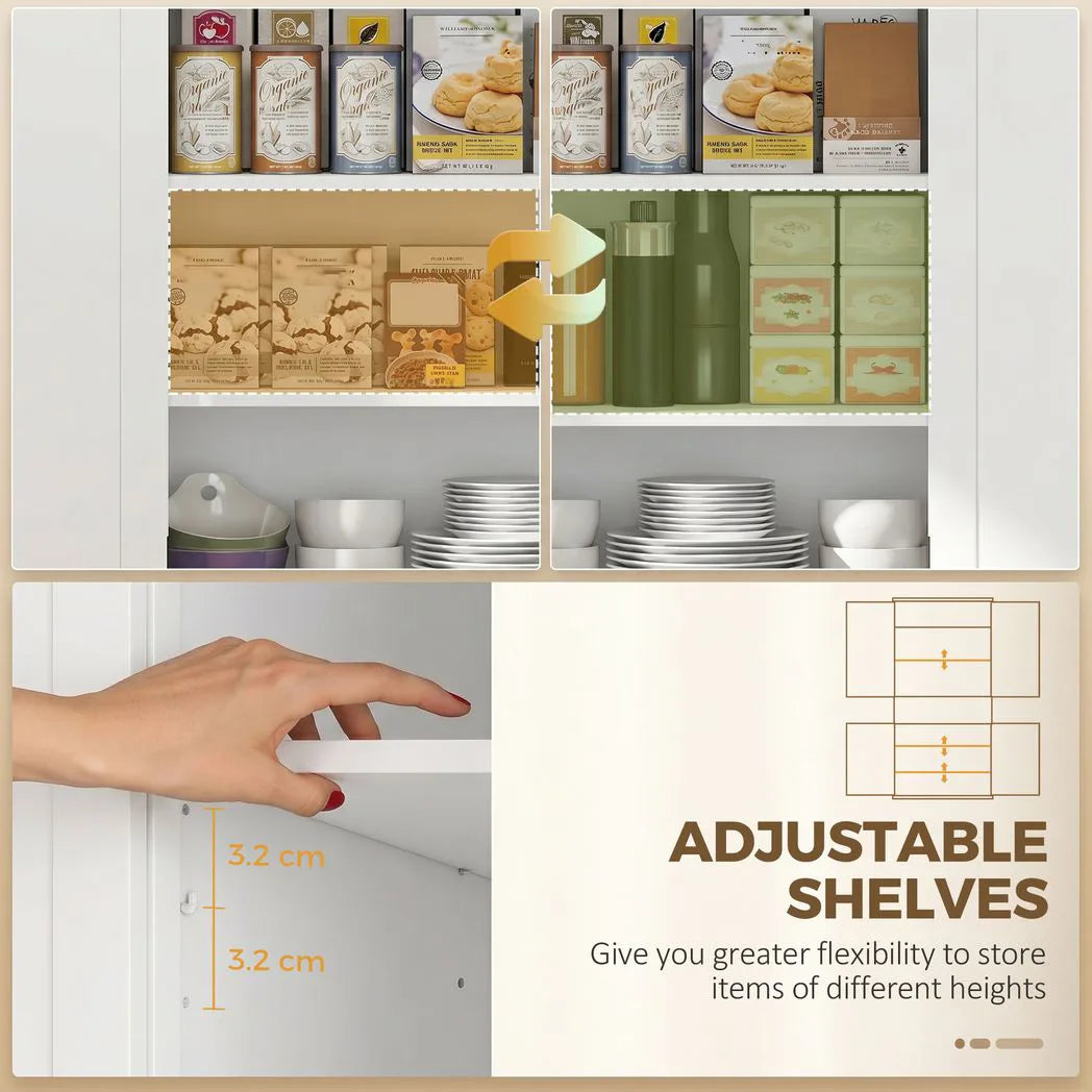 HOMCOM 183 cm Tall Kitchen Cupboard with Drawer, 4 Doors and Adjustable Shelves – Farmhouse White