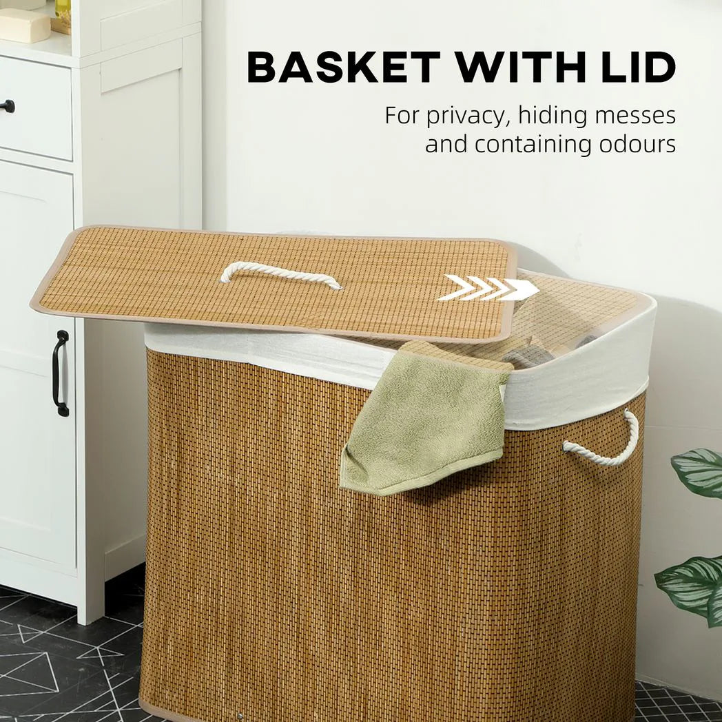 HOMCOM 144L Bamboo Laundry Basket with Lid, 3 Sections, Handles & Removable Washable Liner – Brown