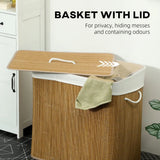 HOMCOM 144L Bamboo Laundry Basket with Lid, 3 Sections, Handles & Removable Washable Liner – Brown