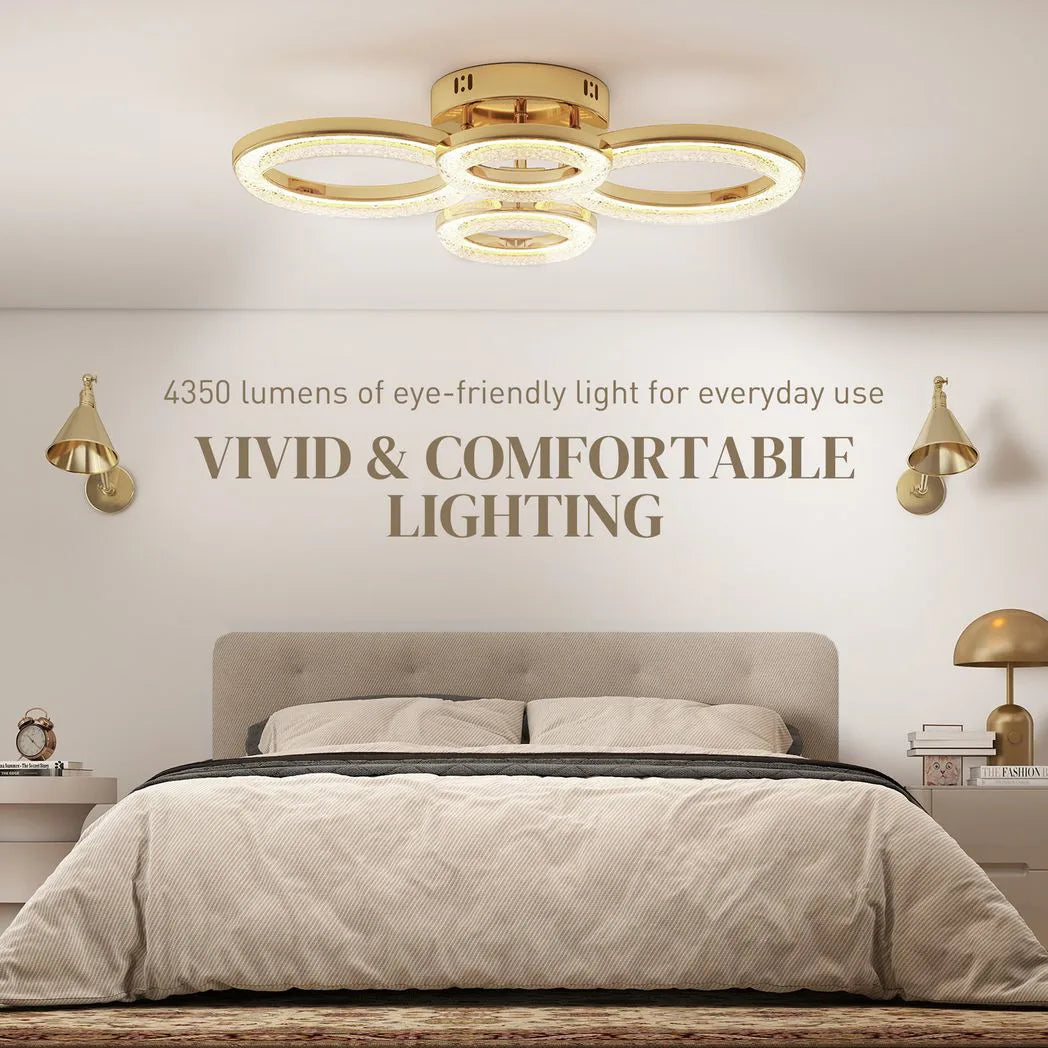 HOMCOM 4-Ring LED Flush Mount Ceiling Light with 3 Colour Temperatures – Modern Lighting, Gold Tone
