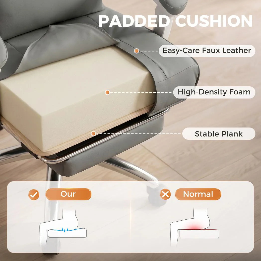 HOMCOM Ergonomic Executive Office Chair with 155° Recline, Lumbar Pillow & Footrest – PU Leather, Grey