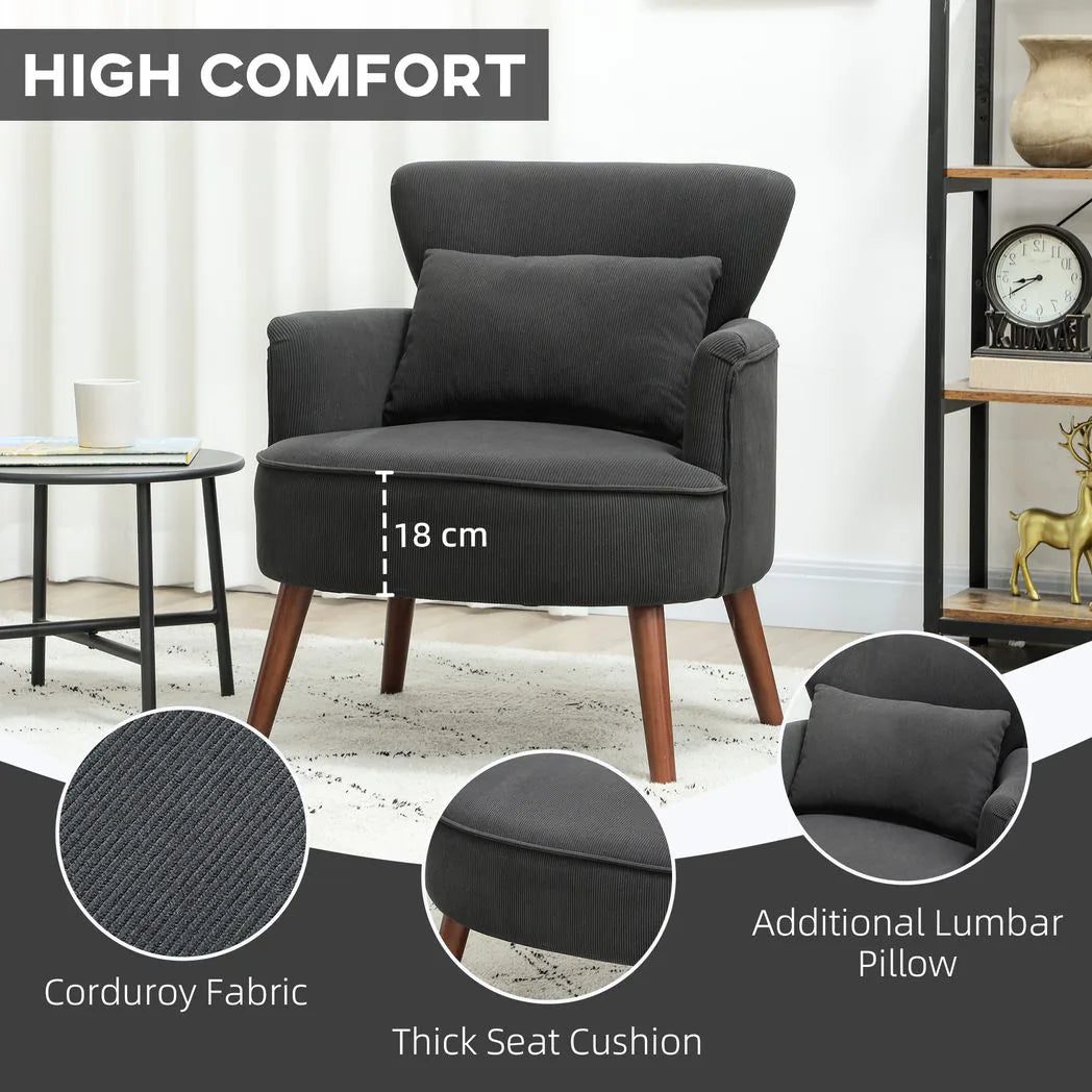 HOMCOM Corduroy Retro Accent Chair with Wing Back, Wood Frame and Cushion – Curved Armchair for Living Room, Black
