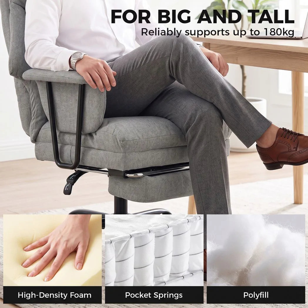 HOMCOM Heavy Duty Office Chair, 180kg Capacity, Linen-Look with Lumbar Support, Spring Cushion, Footrest, Grey