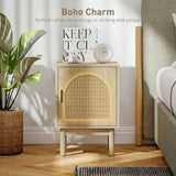HOMCOM Rattan Bedside Table with Arched Doors and Adjustable Shelf – Boho Bedroom Nightstand, Natural Wood