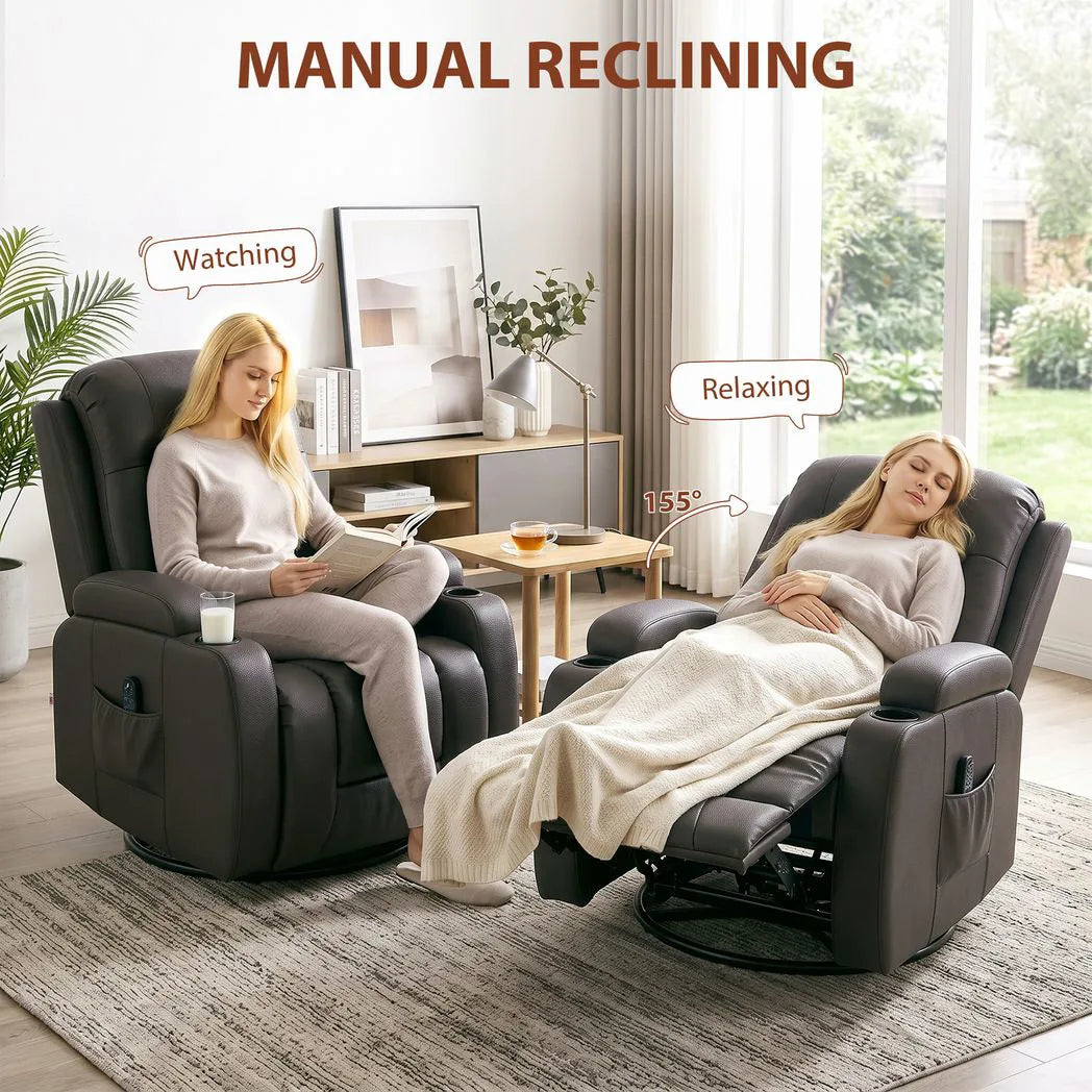 HOMCOM PU Leather Massage Recliner Chair with Heat, Extended Footrest, Cup Holders & Side Pockets – Dark Brown