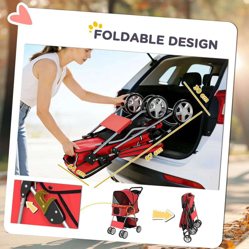 PawHut Dog Pram Pet Stroller with Reflective Strips and 360° Swivel Wheels – Foldable Travel Buggy, Red