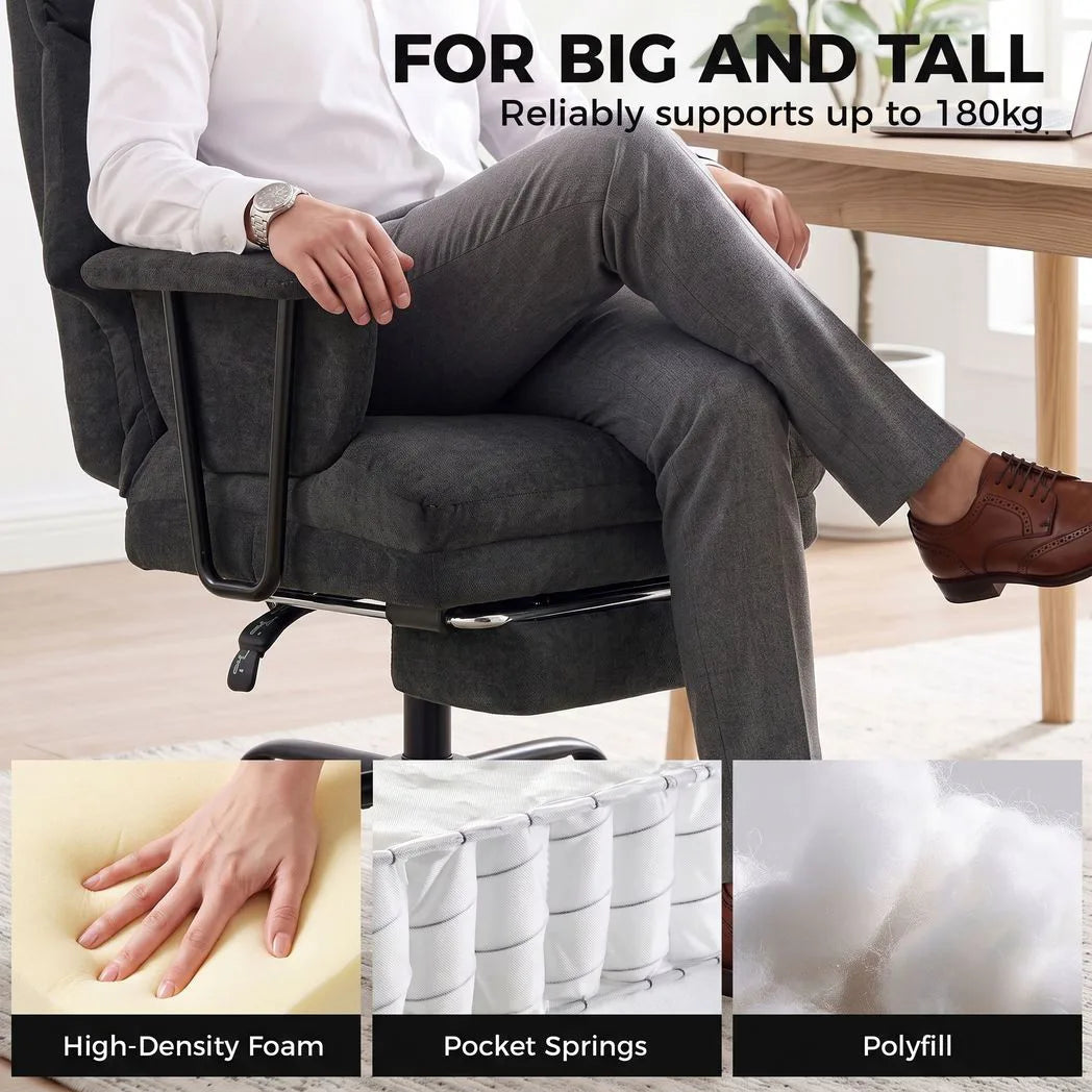 HOMCOM Heavy Duty Office Chair with Lumbar Support, Spring Cushion and Footrest, 180kg – Reclining Linen Desk Chair, Black