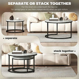 HOMCOM Set of 2 Round Nesting Coffee Tables with Marble-Effect Top – Space-Saving Stacking Tables, White