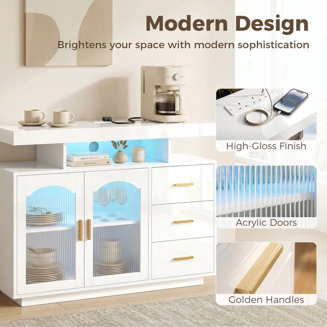 HOMCOM High Gloss Sideboard with RGB LED Lights, Power Outlets, 3 Drawers and Acrylic Doors, White