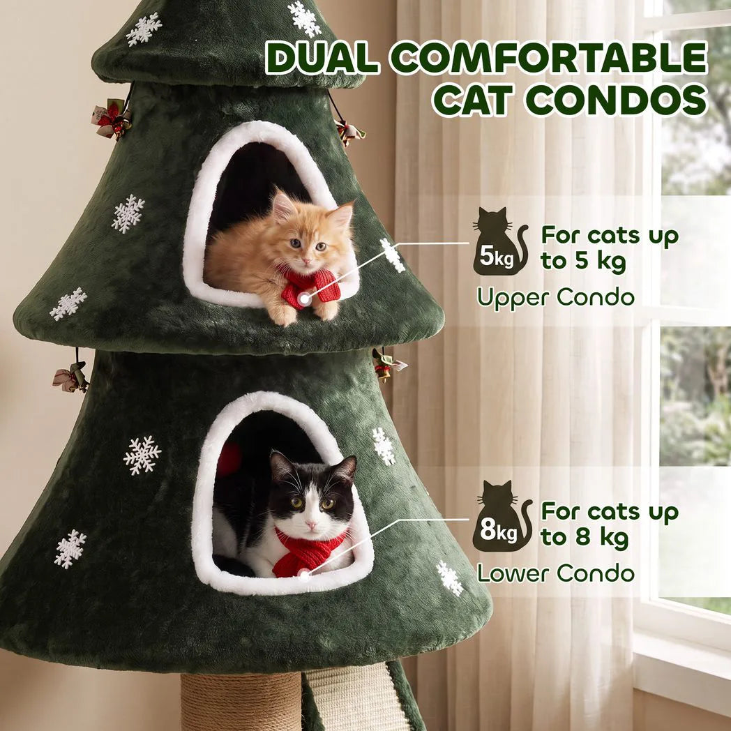 PawHut Christmas Cat Tree with Dual Condos, Sisal Ladder & Anti-Tip Rope – 132 cm Festive Cat Tower