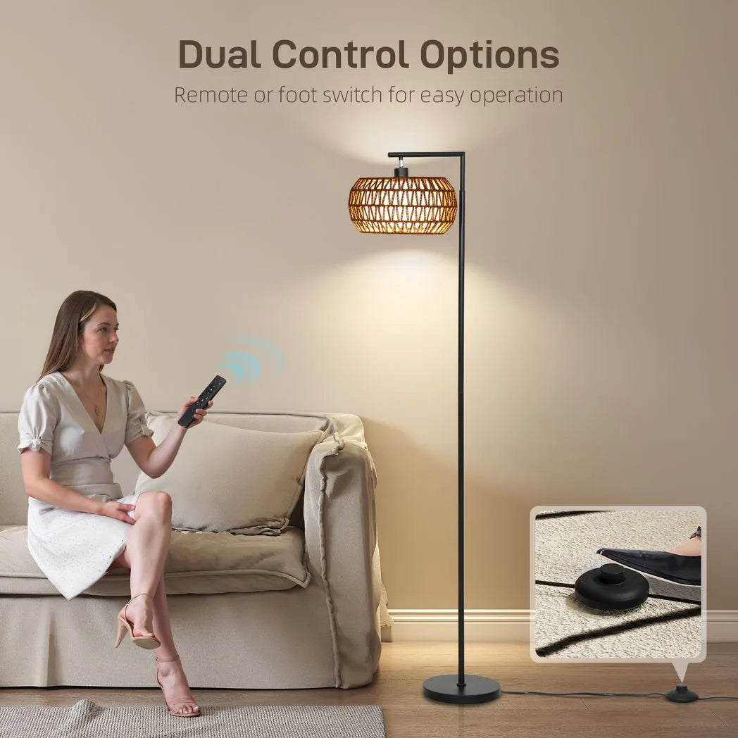 HOMCOM Boho Dimmable LED Floor Lamp with Remote Control – Adjustable Colour Temperature, Double Shade, Black