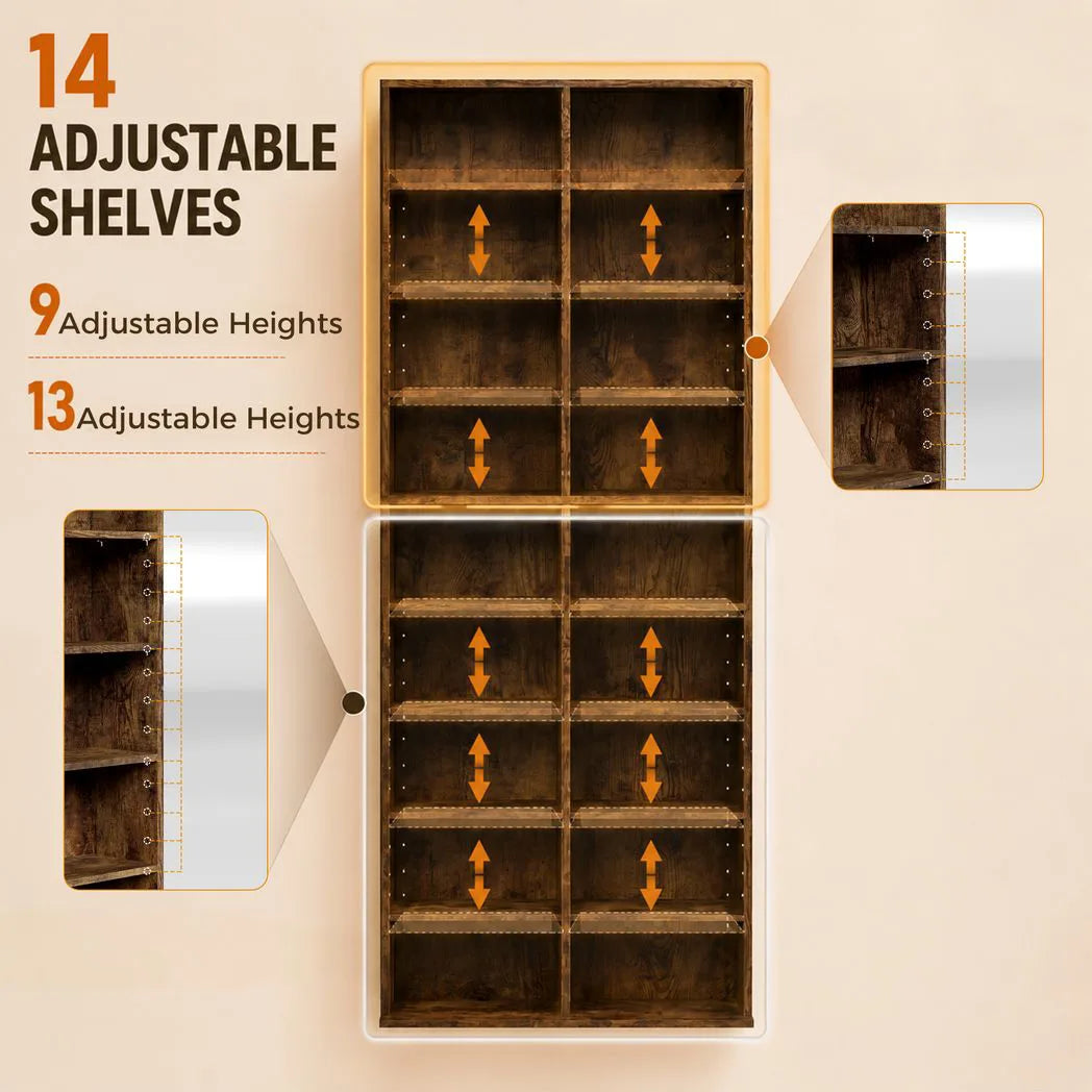 HOMCOM CD Storage Tower for 640 CDs or 360 DVDs with 14 Adjustable Shelves – Tall Narrow Media Rack, Rustic Brown