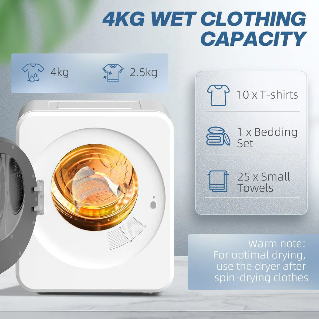 HOMCOM 4kg Vented Tumble Dryer with Stainless Steel Drum and Touch Display – 800W Compact Freestanding Dryer, White