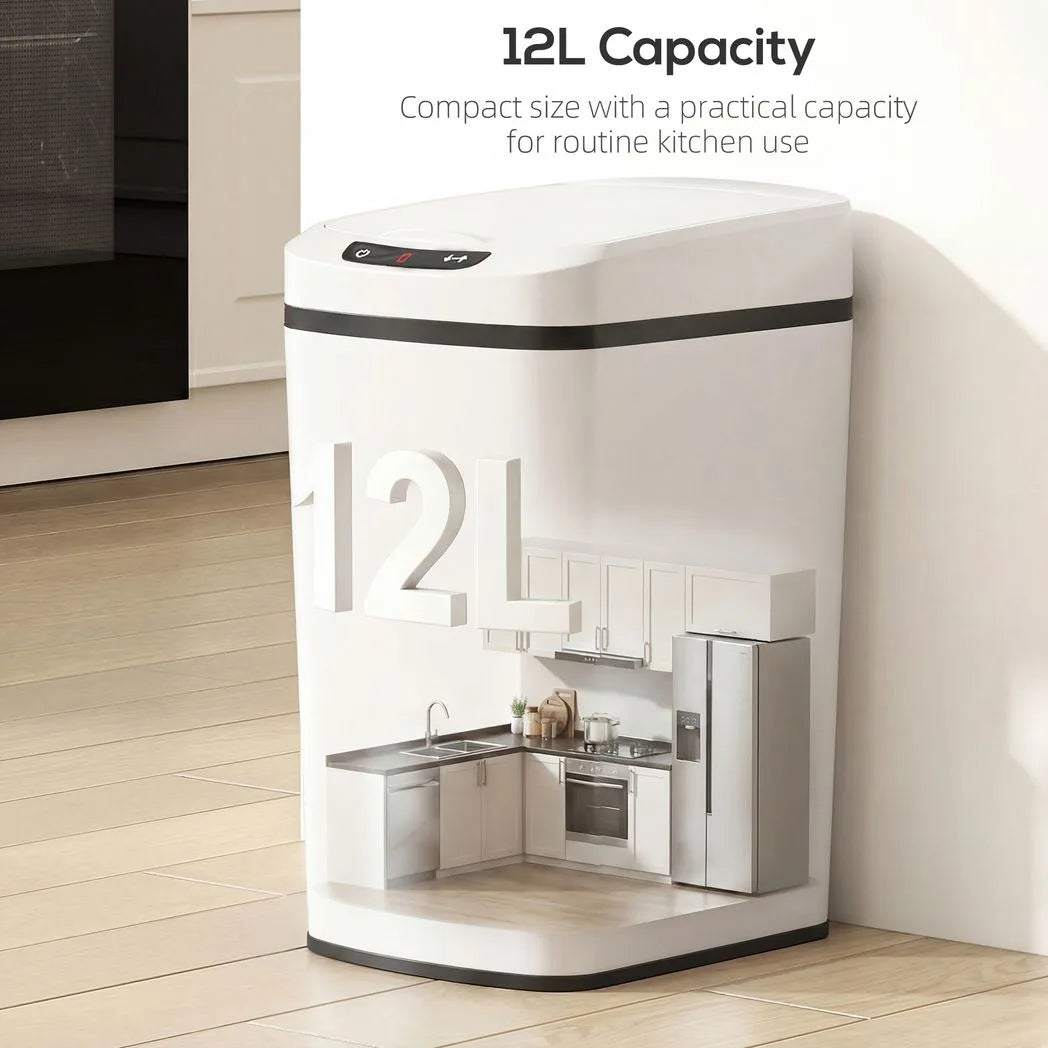 HOMCOM 12L Automatic Sensor Bin – Touchless Kitchen Bin with Fingerprint-Resistant Stainless Steel, White