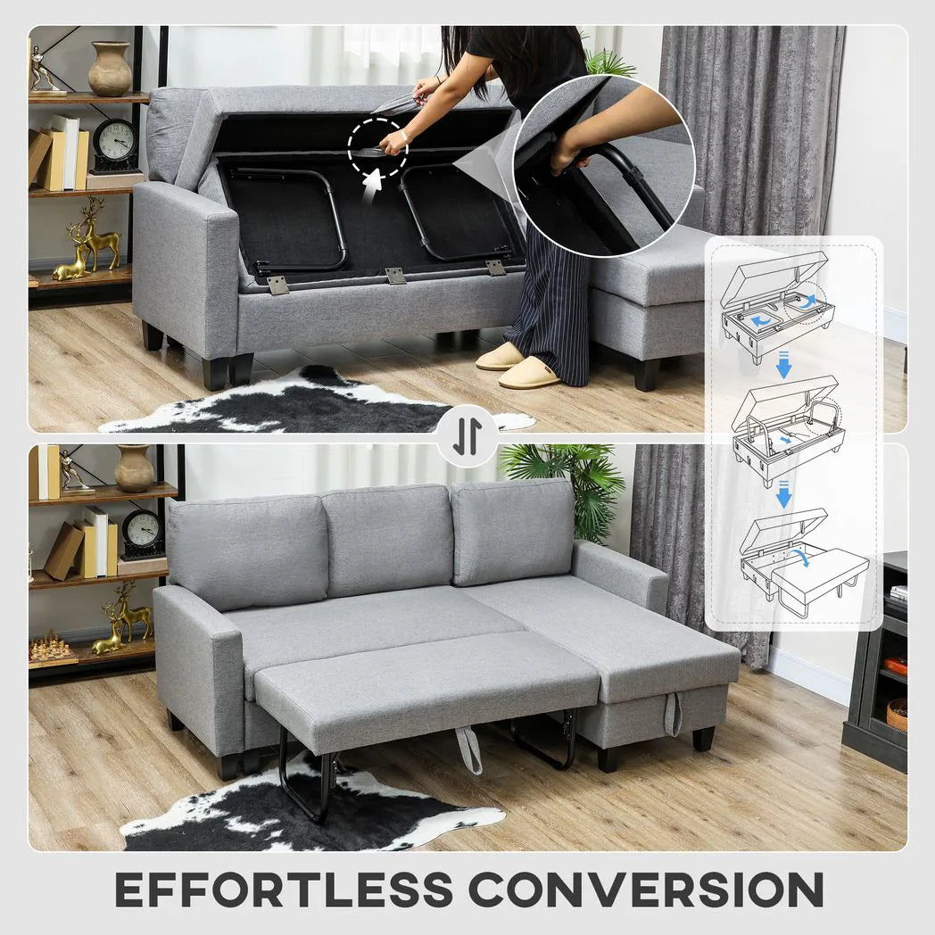 HOMCOM Three-Seater Storage Sofa Bed with Chaise & Linen-Look Upholstery – Fold-Out Sofa Bed, Grey