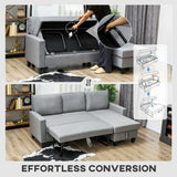 HOMCOM Three-Seater Storage Sofa Bed with Chaise & Linen-Look Upholstery – Fold-Out Sofa Bed, Grey