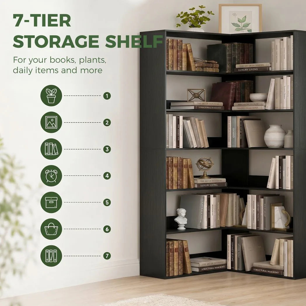 HOMCOM 7-Tier L-Shaped Corner Bookcase with Anti-Slip Rear Guards – 180 cm Display Shelf, Black Wood Effect