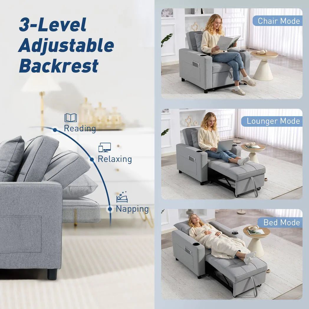 HOMCOM 3-in-1 Convertible Single Sofa Bed with Pillow and Cup Holders – Sleeper Chair Bed, Light Grey