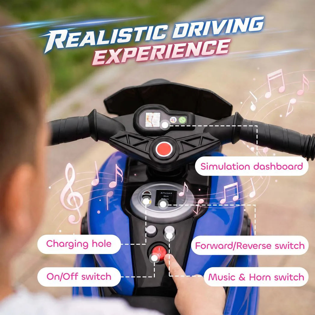 AIYAPLAY Kids Electric Ride-On Motorbike with 3 Wheels, Horn & Headlights – Toddler Battery Motorcycle, Blue