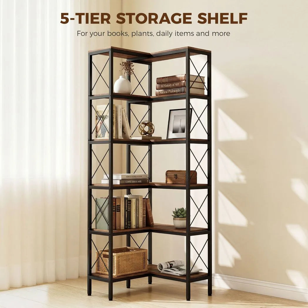 HOMCOM 5-Tier L-Shaped Corner Bookshelf with Metal Frame and Anti-Tipping Kit – Freestanding, Rustic Brown