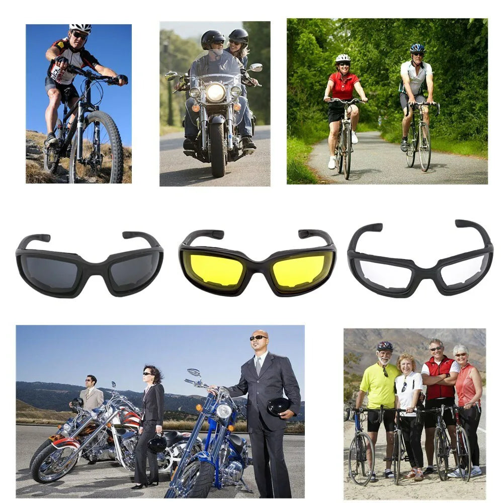 3 Pack Motorcycle Riding Glasses – Padded, Wind Resistant, UV400 Polycarbonate Lenses, Grey, Clear and Yellow