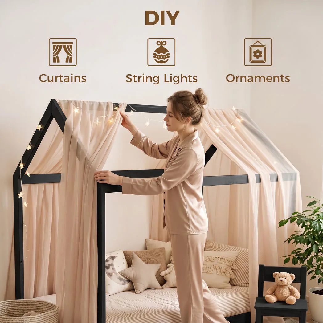 HOMCOM Single Bed Frame with House-Shaped Design – Scandinavian Solid Pine Wood for 90 x 190 cm Mattress