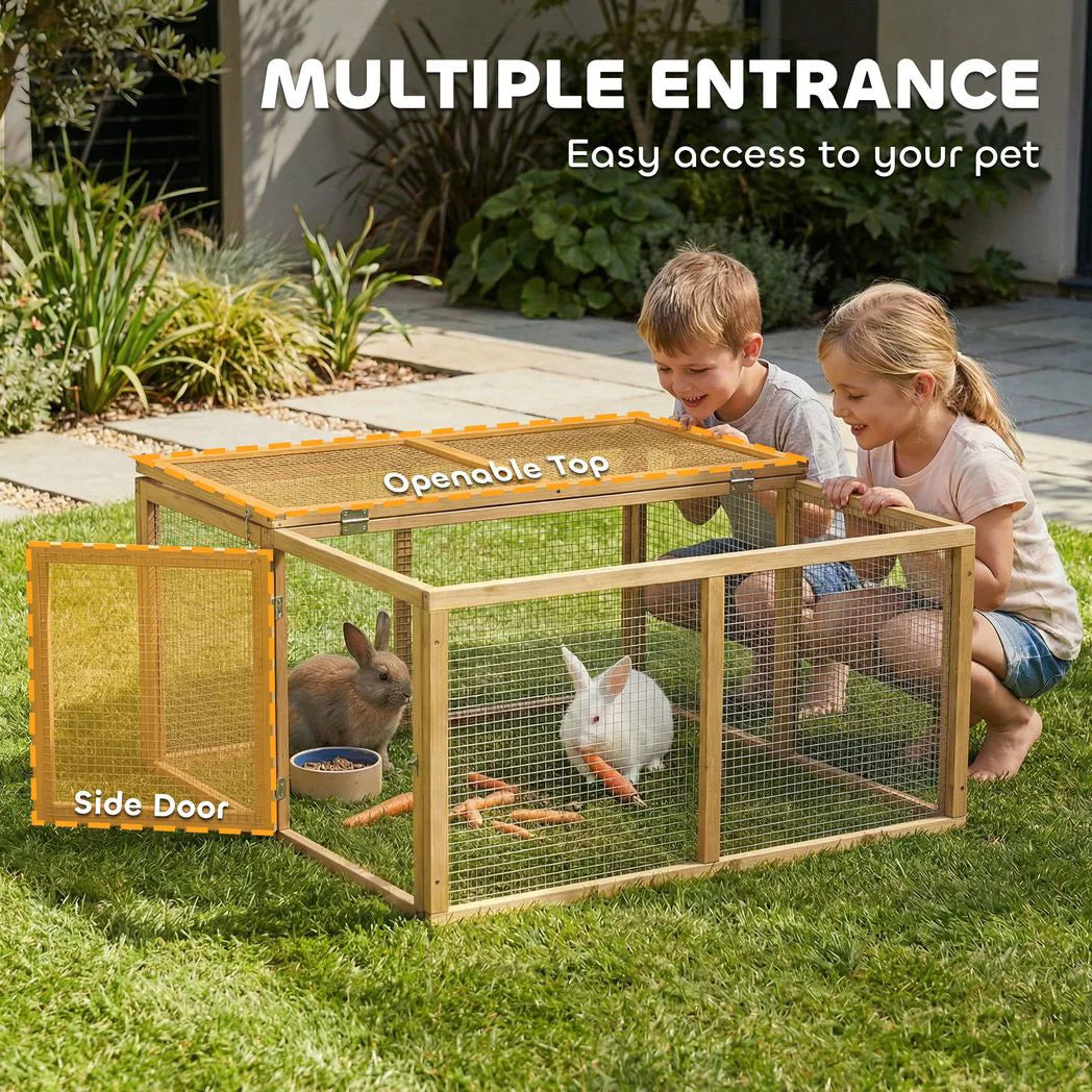 PawHut Wooden Folding Rabbit Hutch for 2–3 Rabbits with Built-In Handle – Outdoor Guinea Pig Run, Natural Wood