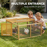 PawHut Wooden Folding Rabbit Hutch for 2–3 Rabbits with Built-In Handle – Outdoor Guinea Pig Run, Natural Wood