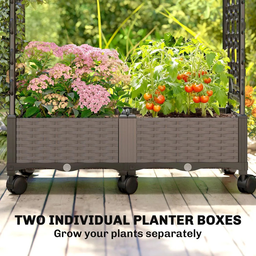 Outsunny Mobile Raised Garden Bed with Arch Trellis – Self-Watering 2 x 24L Planter Boxes on Wheels