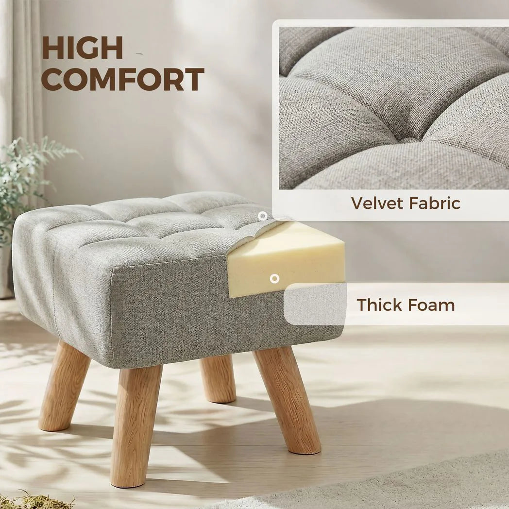 HOMCOM Linen-Look Square Padded Footstool with Wooden Legs – Leg Rest & Vanity Stool, Light Brown