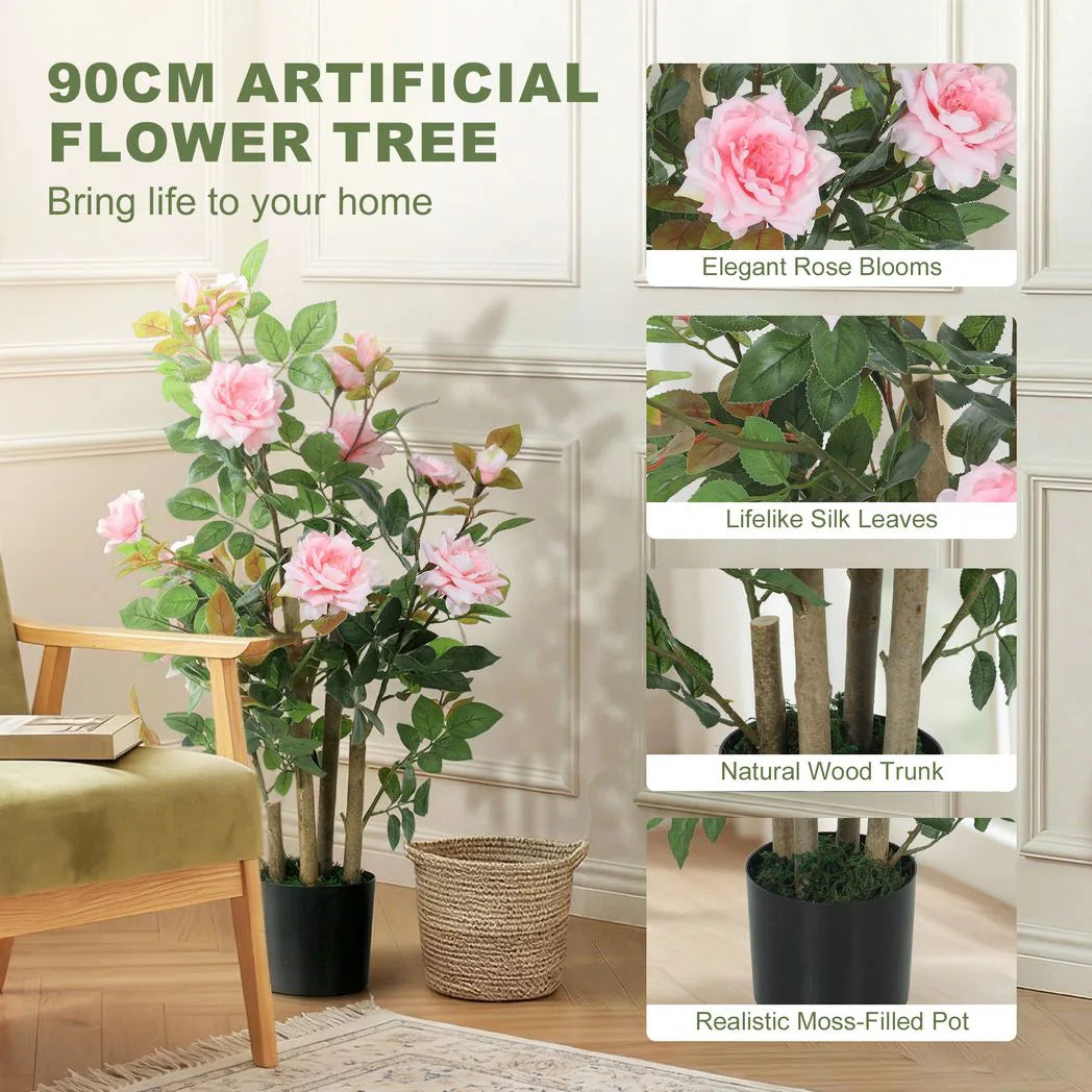 HOMCOM 90cm Artificial Rose Tree Set of 2