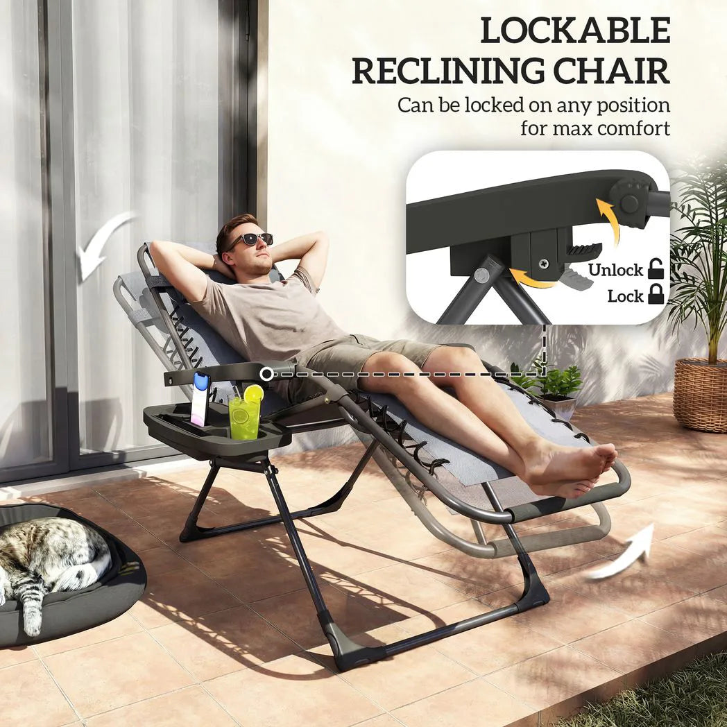Outsunny Set of 2 Zero Gravity Chairs with Cup Holder and Headrest – Folding Reclining Garden Loungers, Grey
