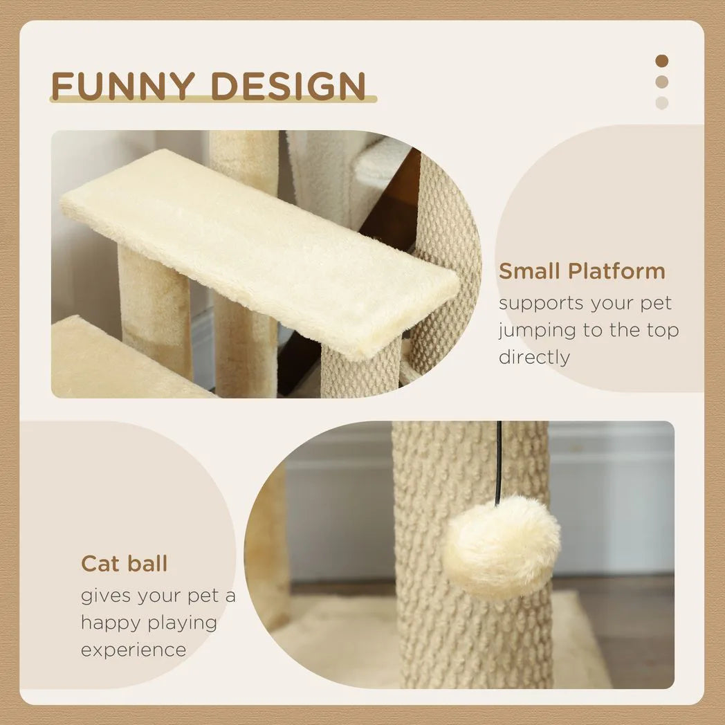 PawHut 4-Step Cat Stairs with Scratching Posts, Platform and Toy Ball – Pet Steps, Beige