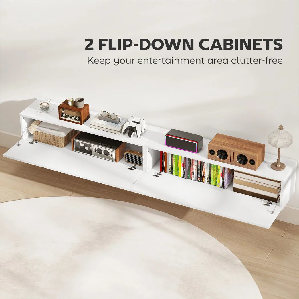 HOMCOM Floating TV Stand with Fluted Doors and Cable Hole – Wall-Mounted TV Unit for TVs up to 72", White