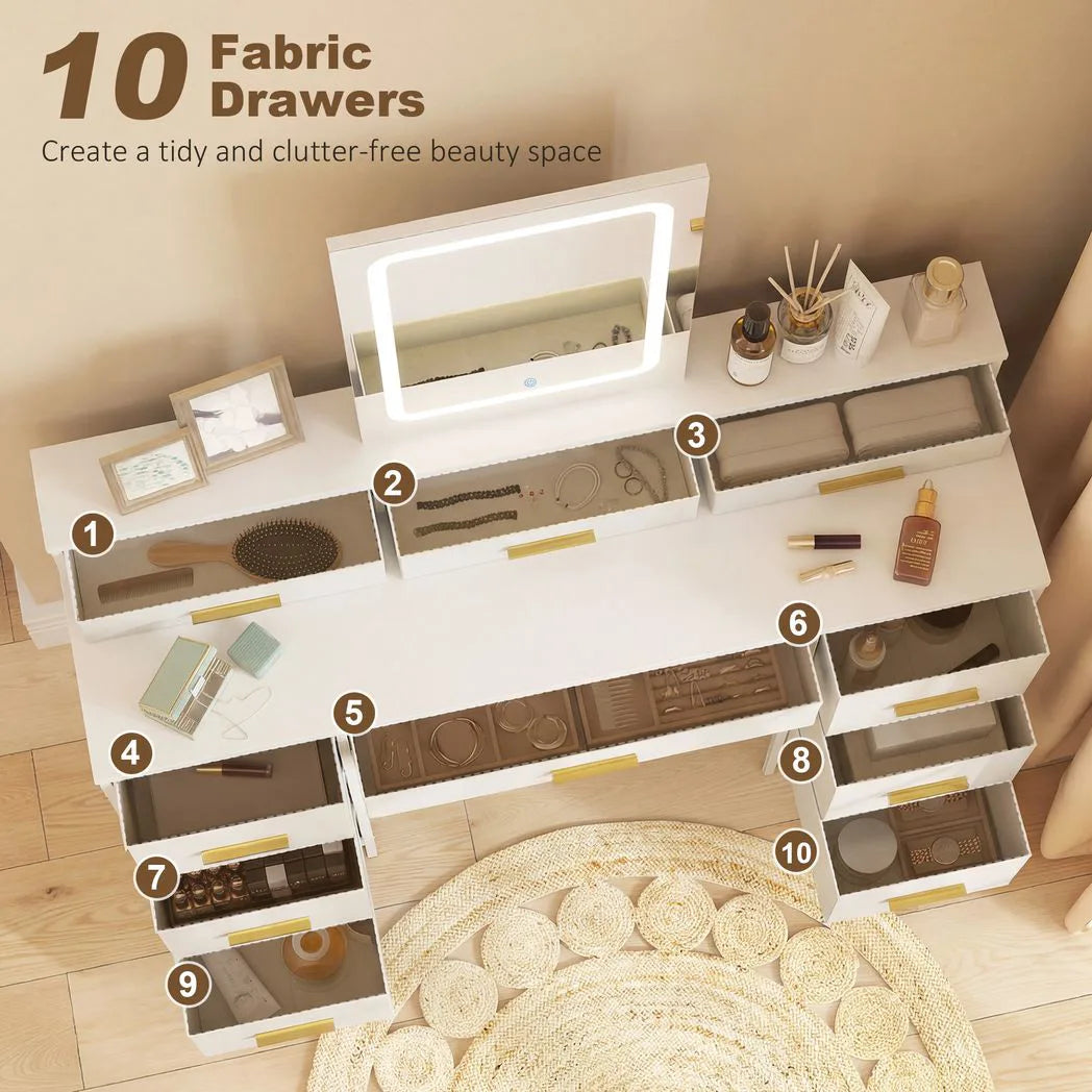 HOMCOM Dressing Table with LED Mirror and 10 Fabric Drawers – Makeup Vanity with Adjustable Lighting, White
