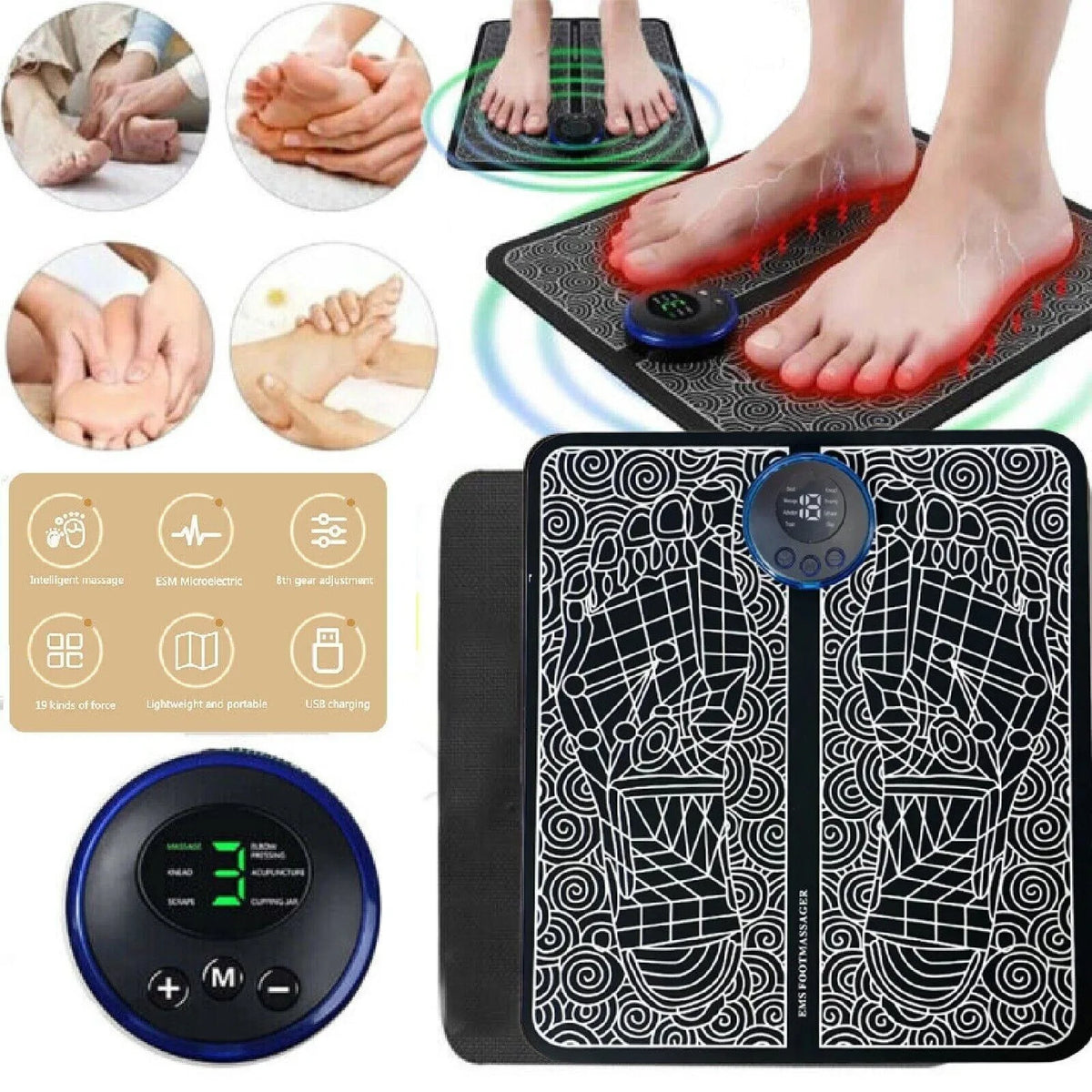 Electric Foot Massager Pad with 19 Intensity Levels & 8 Modes – Rechargeable USB Foot Massage Mat, Black