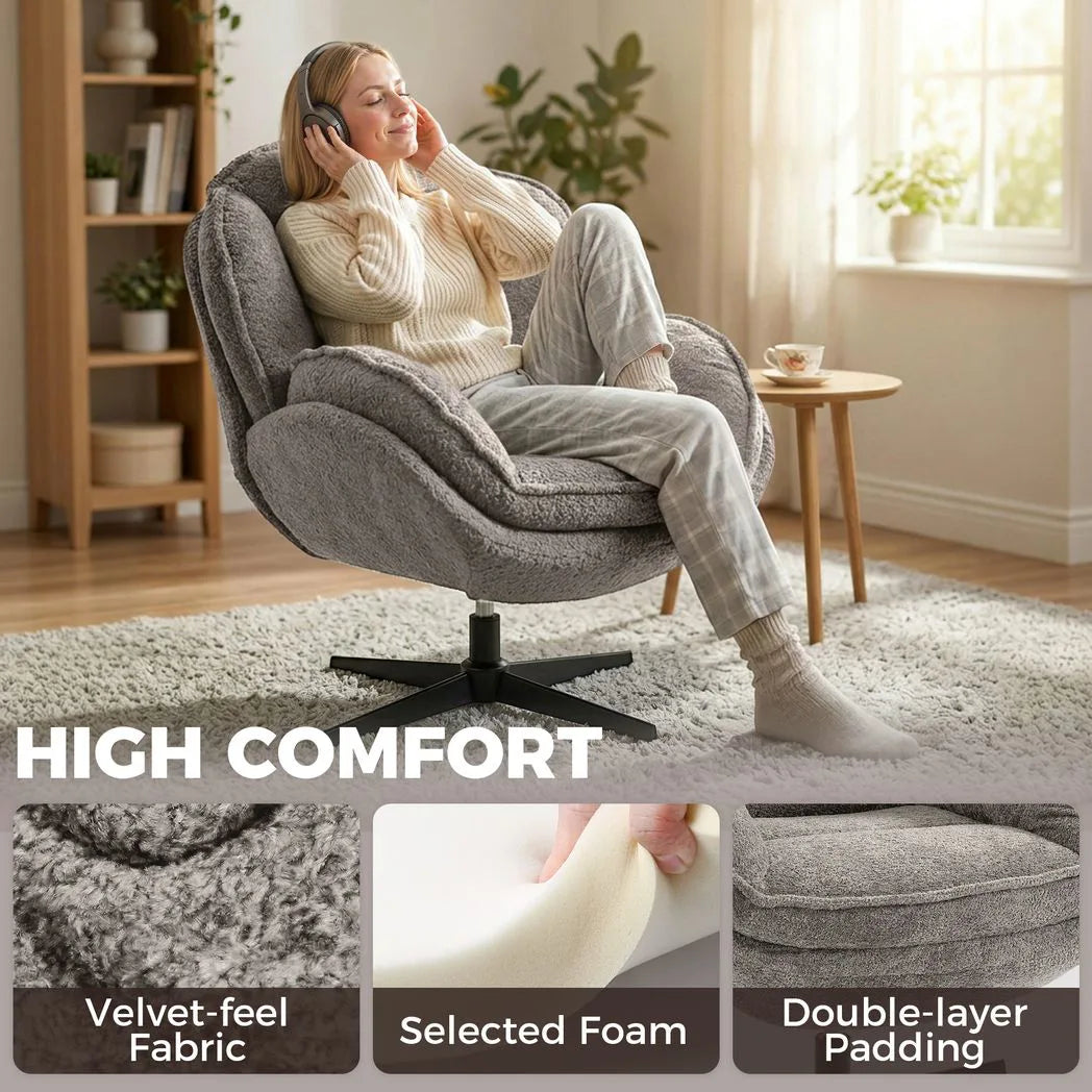 HOMCOM Modern Wingback Accent Chair with Four-Star Base and S-Springs – 360° Swivel Velvet Armchair, Grey