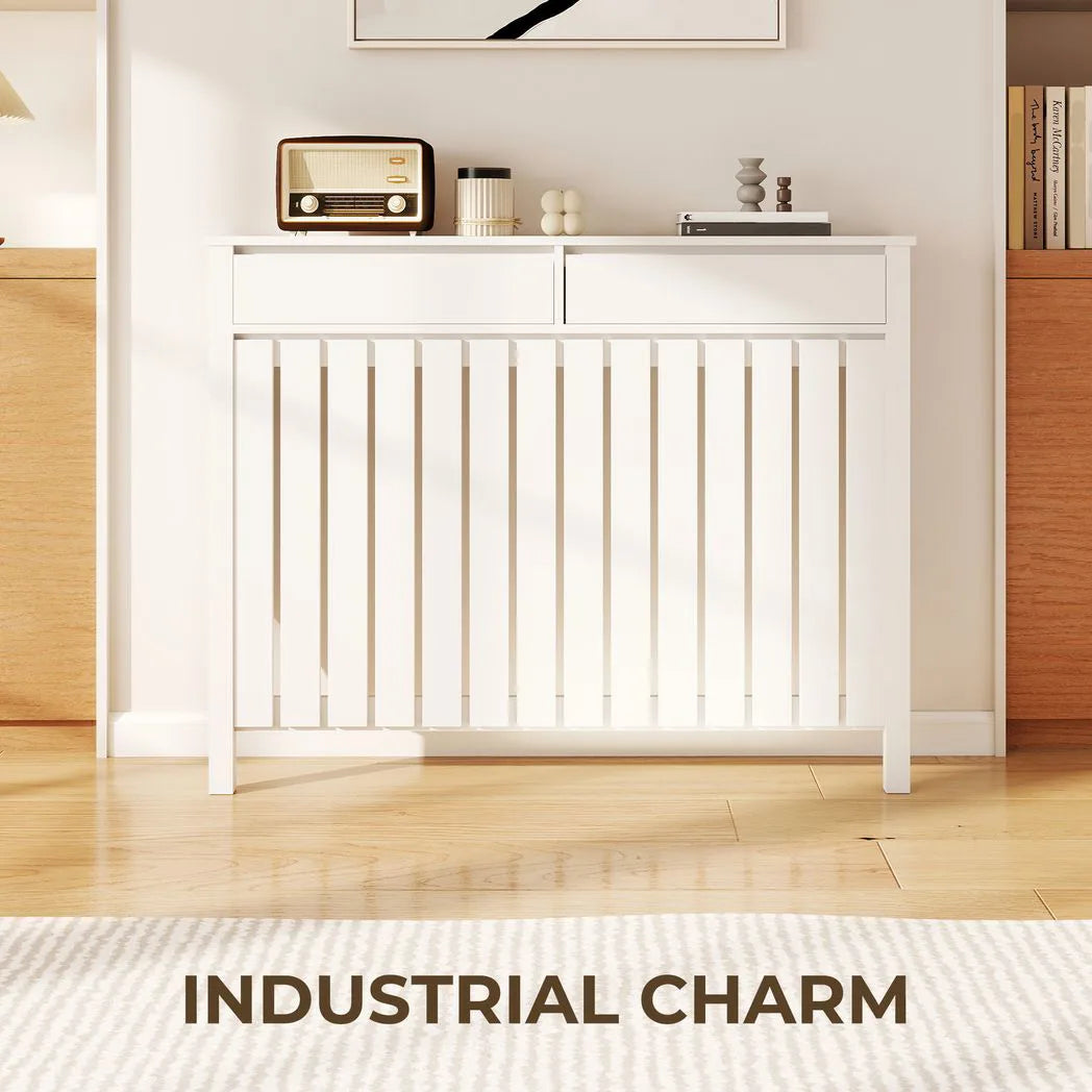 HOMCOM Rustic-Look Radiator Cover with Top Drawers and Slats, 93 x 119cm – Slimline Heater Cabinet, White