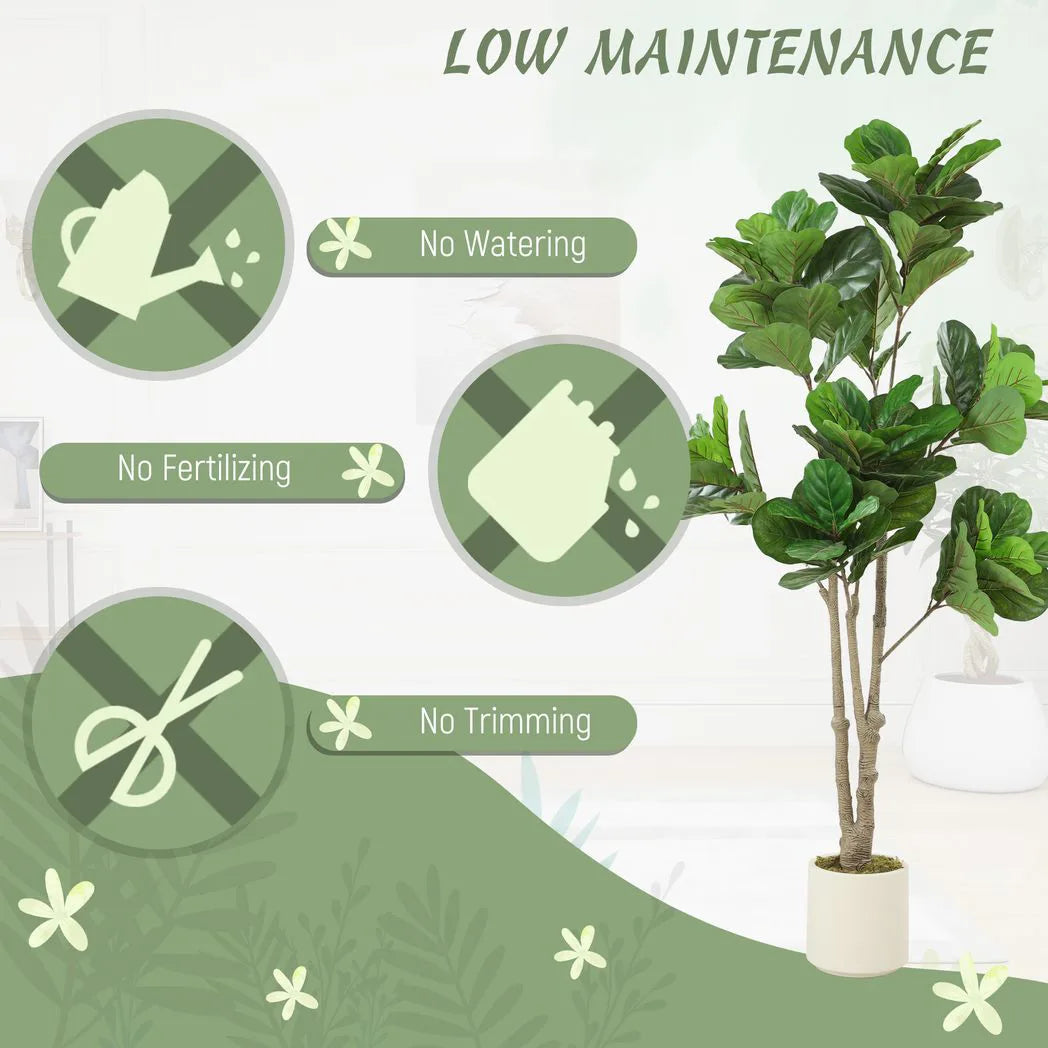 HOMCOM 180cm Artificial Fiddle Leaf Fig Tree with 98 Leaves and White Pot – Lifelike Faux Plant, Green