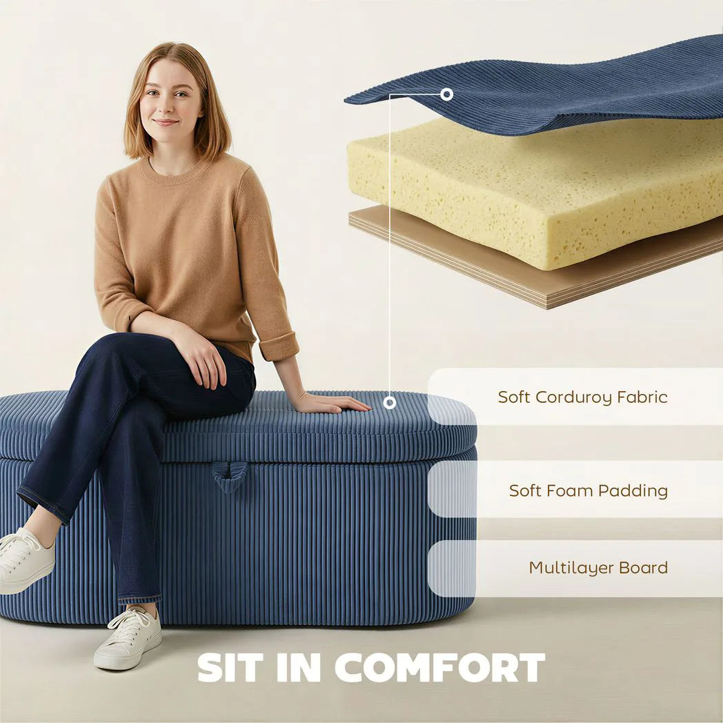 HOMCOM Corduroy Storage Ottoman Bench with Padded Seat and Hidden Storage, 105 x 51 x 49 cm, Blue