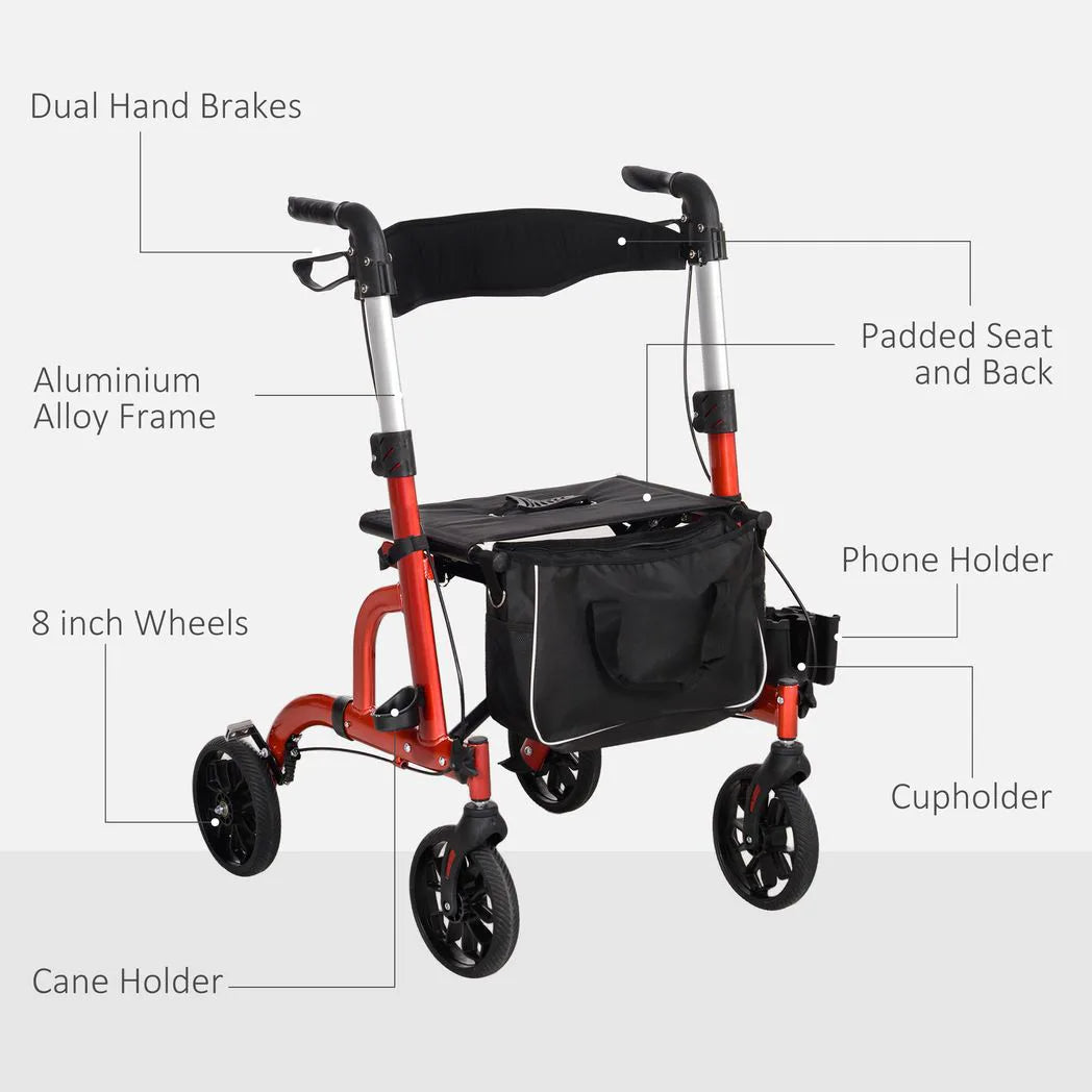 HOMCOM Folding Rollator Walker with Seat, Padded Backrest & Adjustable Handles – Lightweight Walking Frame, Red