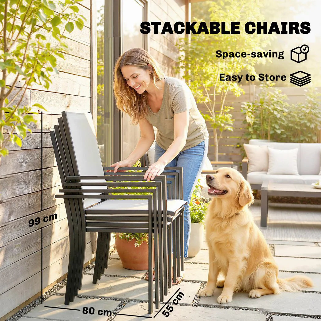 Outsunny 5 Piece Garden Dining Set for 4 – Glass-Top Table with Parasol Hole and Stackable Chairs, Light Grey