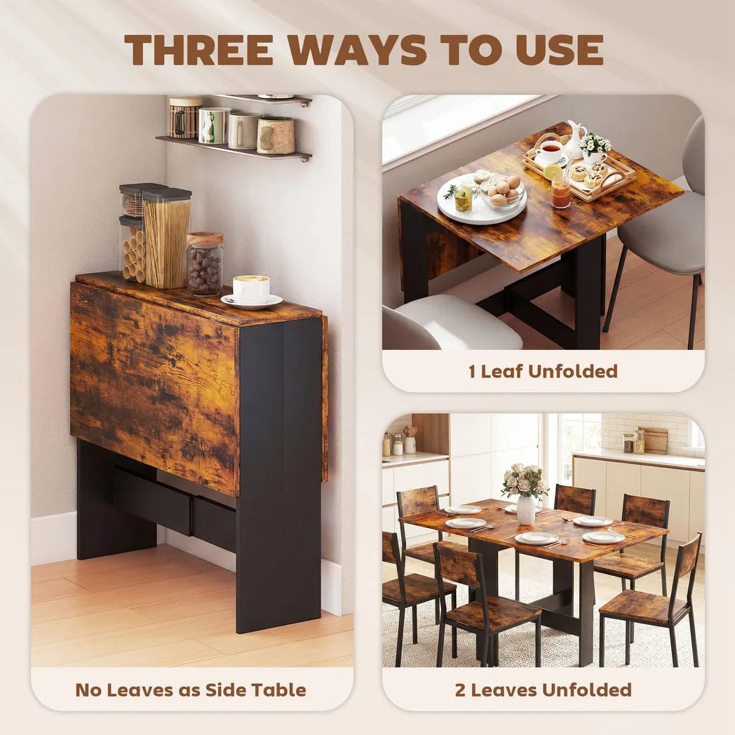 HOMCOM Folding Drop Leaf Dining Table for 4-6 People – Space-Saving Kitchen Table and Writing Desk, Rustic Brown