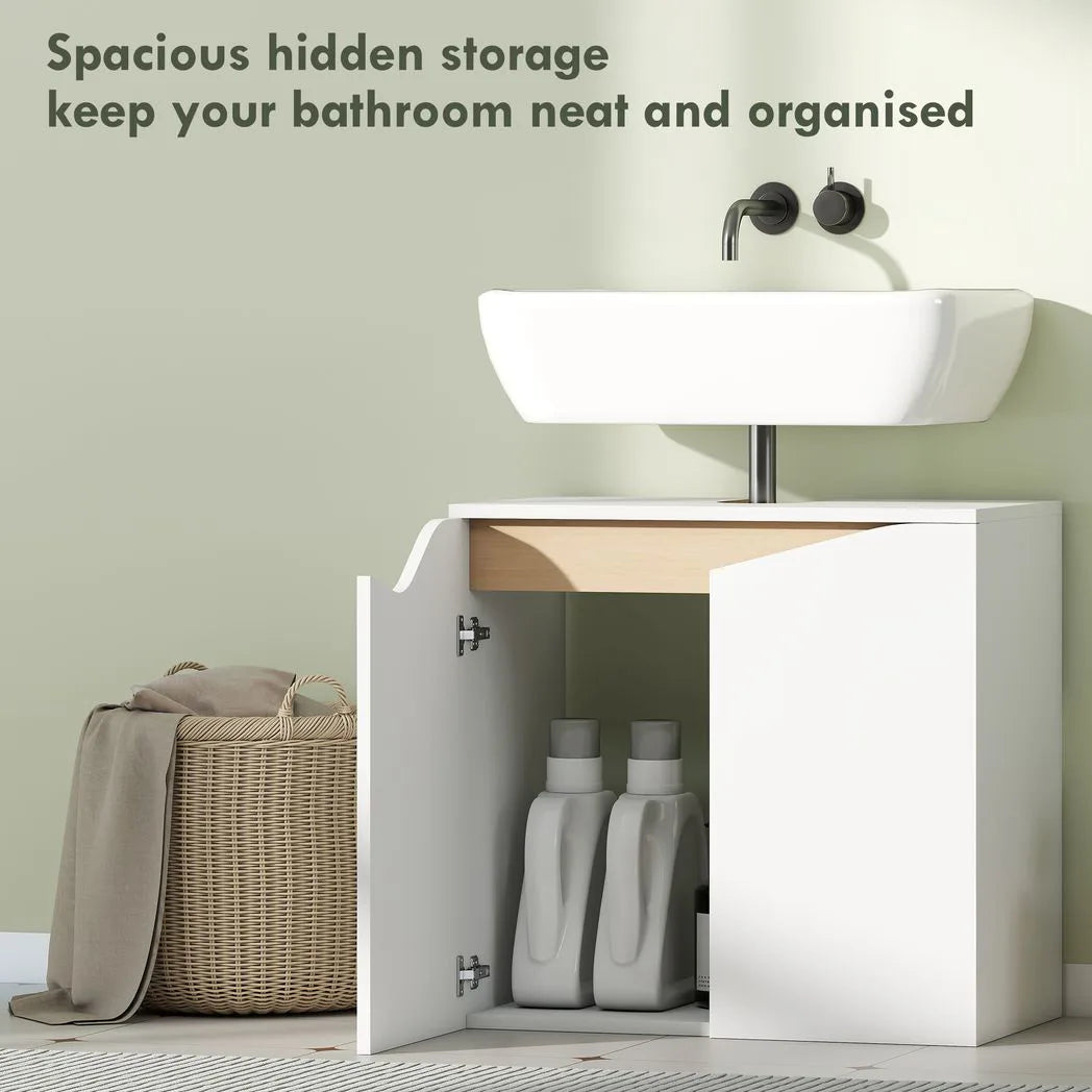 HOMCOM Under Sink Bathroom Cabinet with Soft-Close Doors – U-Shaped Cut-Out for Wall-Mounted Basins, White