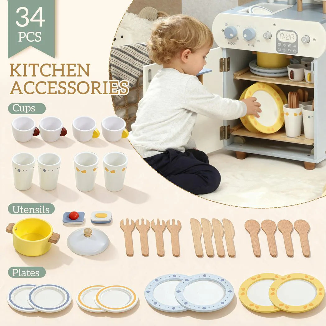 AIYAPLAY Wooden Dishwasher Playset with Faucet, Sink & 32 Accessories – Toy Kitchen Washing-Up Set