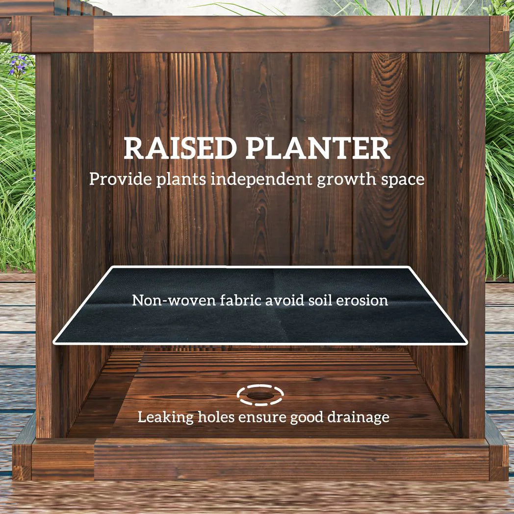 Outsunny Wooden Planter & Bench Combination with Raised Beds, Carbonised Finish – Patio Seating, 176cm
